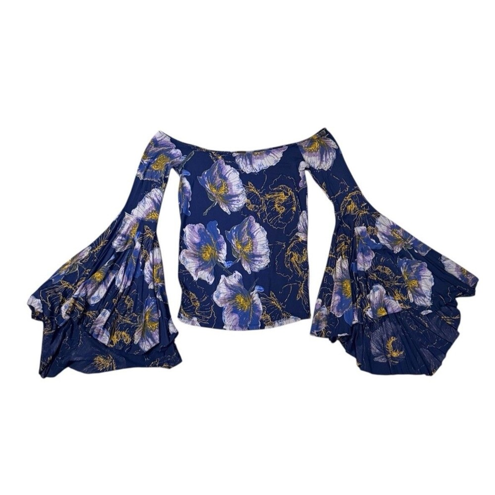 FREE PEOPLE WE THE FREE BLUE‎ PRINTED BELL SLEEVE BIRDS OF PARADISE TOP Sz S
